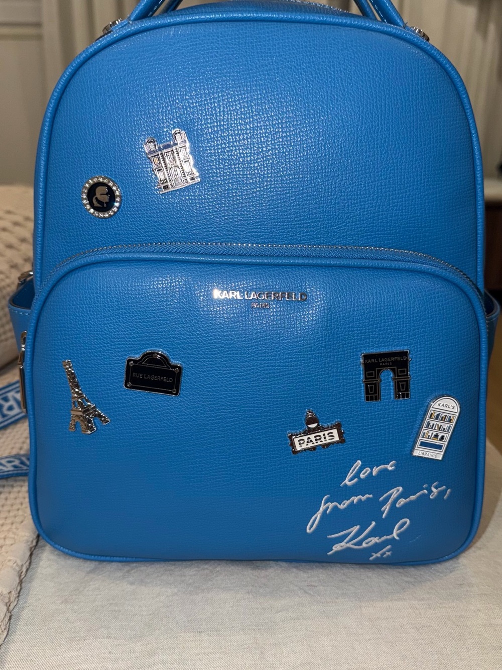 Karl Lagerfeld Bright Blue Paris Patch Mini Backpack
